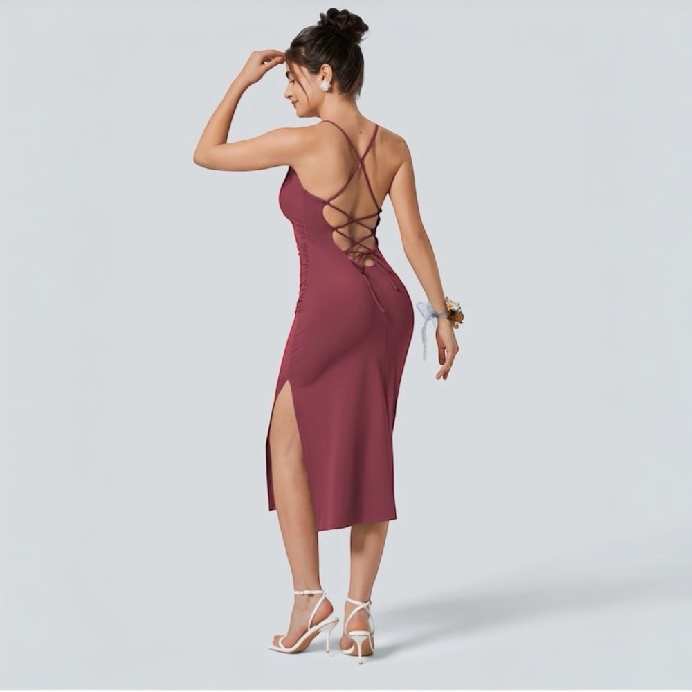 Halara SoftlyZero Airy Crossover Ruched Lace Up Bodycon Dress NWT Built-In Bra - Picture 5 of 5